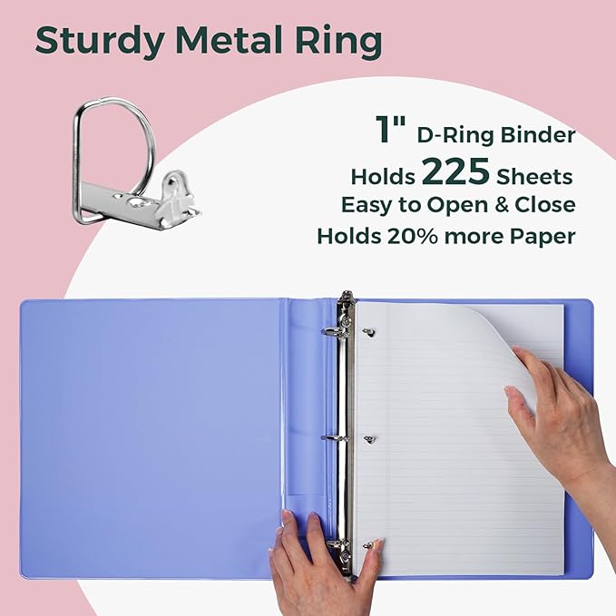 POPRUN 3 D Ring Binder 1 Inch, PVC-Free, Holds 225 Sheets of 8.5 x 11 Paper, Extra Durable Organizer with 2 Pockets for School & Office, Heavy-Duty, 2 Pack, Pink