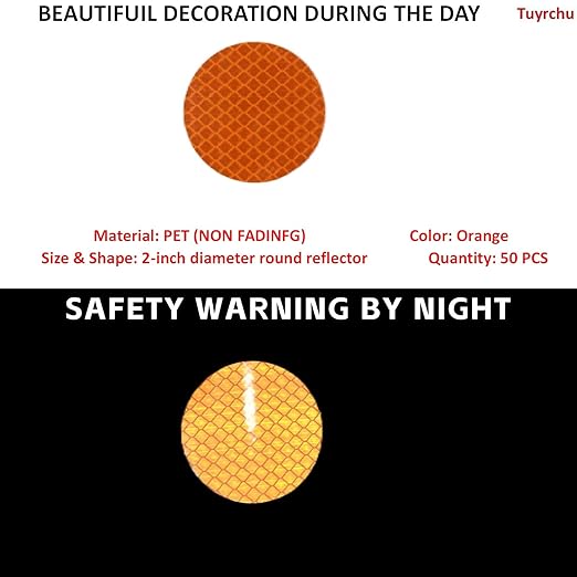 Non Fading Orange Reflective Stickers 2-inch Diameter Round Reflector, Outdoor Waterproof High Visibility Warning Adhesive Tape (50 Pcs)