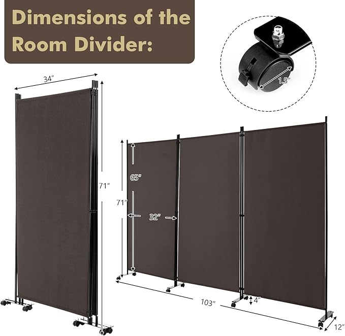 Giantex 3 Panel Room Divider with Wheels, 103''W x 71''H Folding Privacy Screen, Rolling Partition Room Dividers for Home Office Studio, Freestanding Fabric Wall Divider for Room Separation, Brown