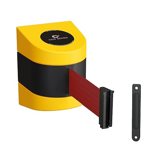 Crowd Control Warehouse - CCW Series WMB-220 Fixed Wall Mount Retractable Belt Barrier - 15 Foot, Maroon Belt with Yellow ABS Case