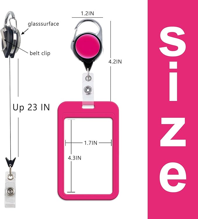 Pink Retractable Badge Holder with Carabiner Clip, Heavy Duty ID Card Holder for Work, School & Events, Simple Card Sleeve for Girls, Teacher, Women