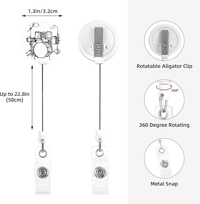 Music Drum Rock Jazz Badge Reels Retractable Badge Holder with Clip for Id Name Tag Office Worker Student Teacher Nurse Doctor