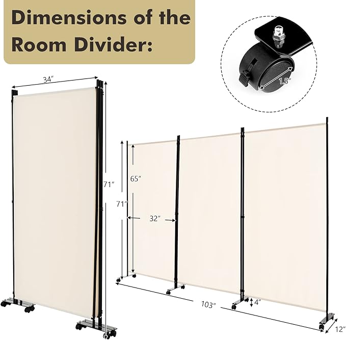 Giantex 3 Panel Folding Room Divider with Rollers White - 6 Ft Freestanding Folding Privacy for Wall Divider and Separator, 103" Wide Lightweight Portable Wall Partition Room Dividers with Wheels