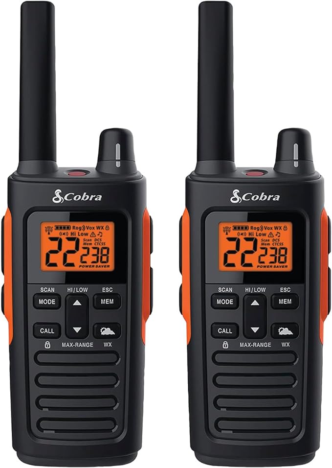 Cobra RX680 Walkie Talkies (2-Pack) - Rugged & Splashproof Two Way Radios Long Range, IP54 Water Resistant Design, 60 Pre-Programmed Channels, Weather Alerts, Included Charging Dock (Black/Orange)
