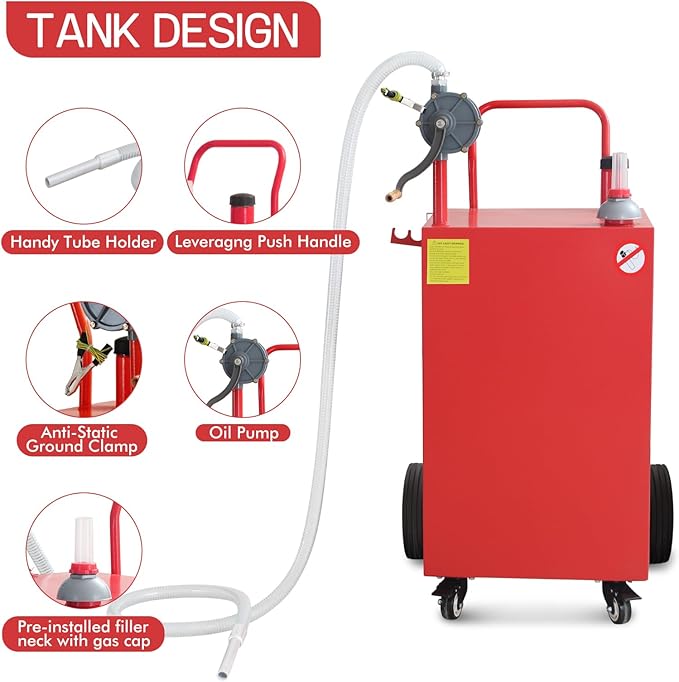 50 Gallon Fuel Caddy, Gas Storage Tank on 4 Wheels with Manual Transfer Pump, Gasoline Diesel Fuel Container for Cars, Lawn Mowers, ATVs, Boats