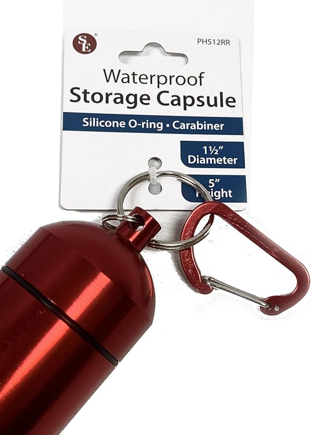 SE 5-Inch Large Waterproof Aluminum Storage Container + Carabiner - Outdoor Survival Gear -PH512