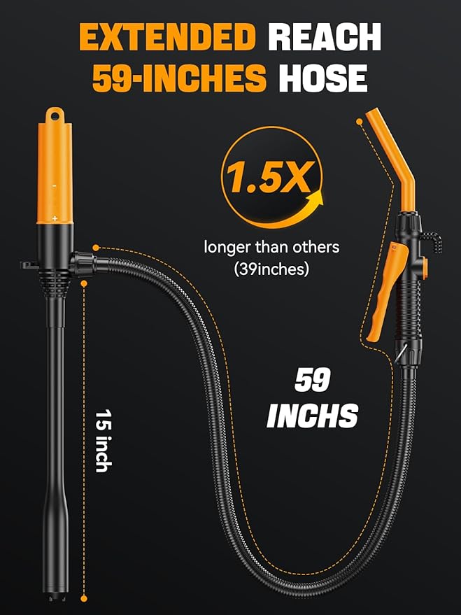 E1 Fuel Transfer Pump Battery Powered 2.6GMP Portable Siphon Pump with Controlled Flow & Leak-Proof 59-Inches Hose for Gasoline Gas Diesel Water