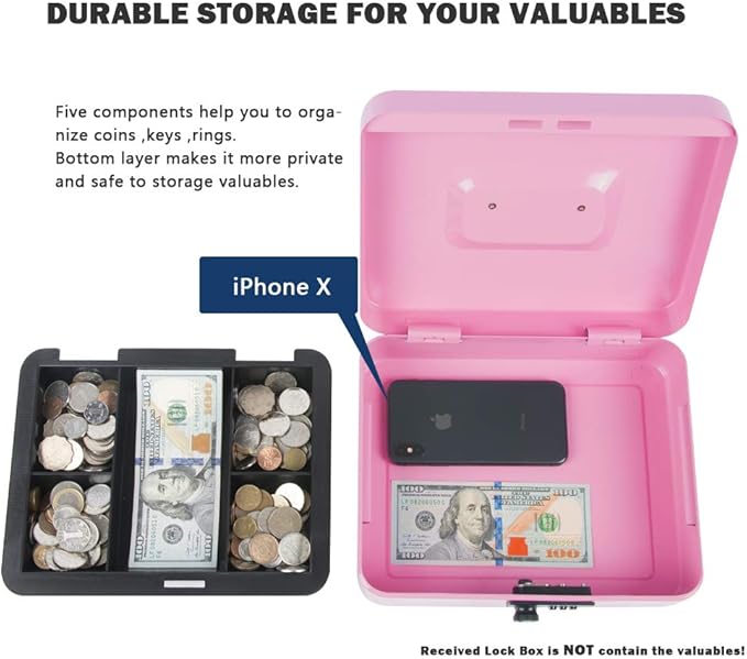 Kyodoled Large Cash Box with Combination Lock,Safe Metal Money Box with Money Tray for Security Lock Box 9.84"x 7.87"x 3.54" Pink Large