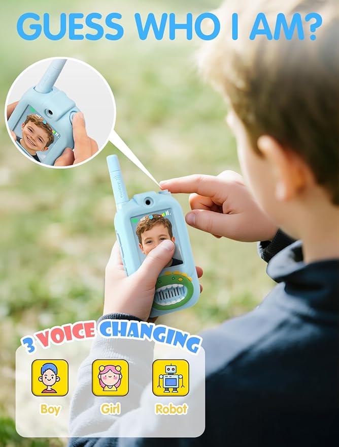 Walkie Talkie for Kids with Video: 2 Pack Rechargeable Toddler Toys with HD Camera & Voice Changer, Long Range Gift Toys for Boy & Girl Age 3-8 for Outdoor Play, Camping (Dinosaur Blue)