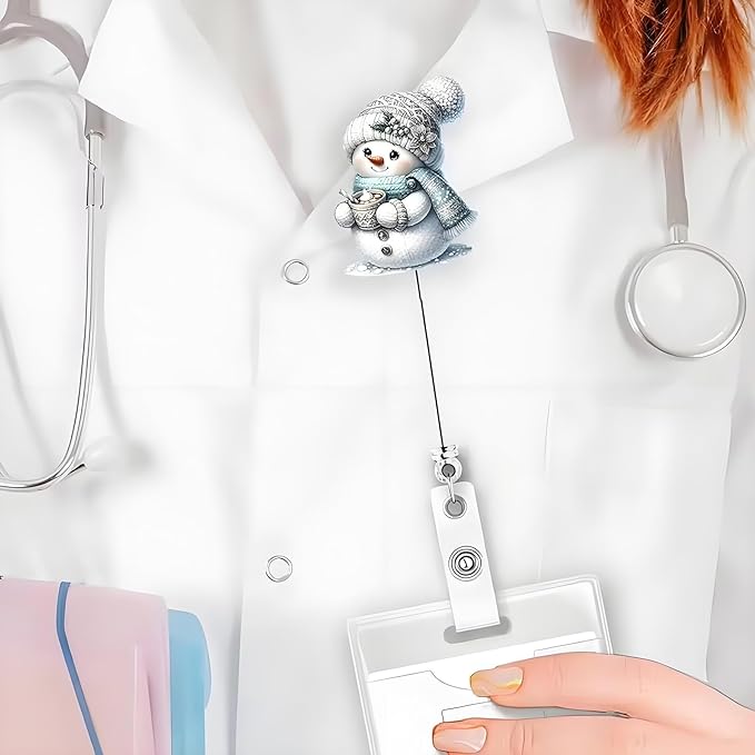 Snowman Badge Holder Winter Badge Reel Cute Christmas Nurse Badge Holder with Alligator Clip Cartoon Scarf Hat Snowman Badge Reels Retractable ID Name Badge Clips for Nurse Teacher Office Decoration