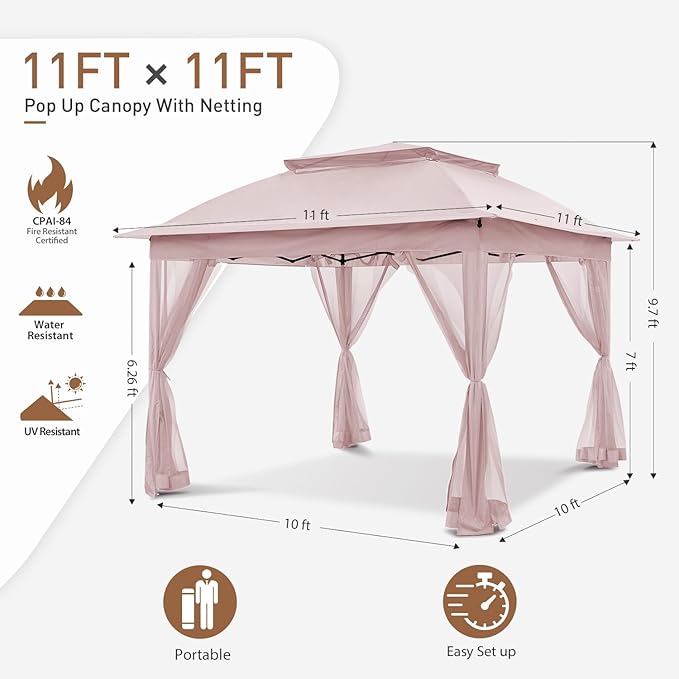 COOS BAY 11x11 Pop-Up Instant Gazebo Tent with Mosquito Netting Outdoor Canopy Shelter with 121 Square Feet of Shade (Pink)