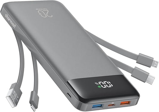 charmast 20000mAh Portable Charger with Built in Cables, 22.5W Travel Power Bank Fast Charging, USB C Cell Phone Battery Pack for iPhone 16/15/14/13/12/11 Series, iPad, Samsung, Android, Tablet