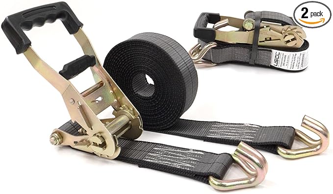 US Cargo Control Blackline Ratchet Straps Heavy Duty (2-Pack), 2 Inch x 18 Foot Black Ratchet Straps with Double J Hooks, 13,000 LBS Break Strength, Heavy Duty Tie Down Straps for Trucks & Trailers