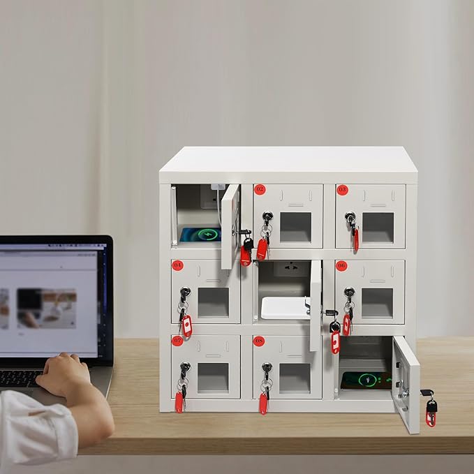 Cell Phone Locker 9 Slot Cellphone Charging Station Metal Cellphone Charging Cabinet Rechargeable Mobile Phone Cabinet for Office Classroom (9 Slot)