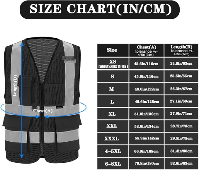 A-SAFETY XSmall Black safety vest xs (Black Mesh XS)