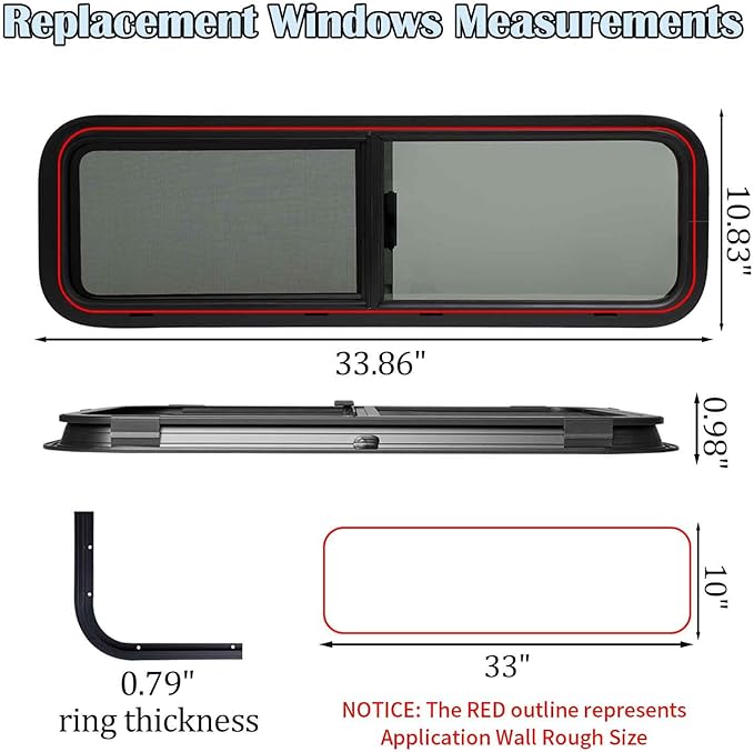 33"x10" RV Van Bunk Window - Passenger Side, DOT Certified, Half-Slider Privacy Glass, Anodized Aluminum Frame, UV Protection, Easy Clamp-in Installation (Fits 33" W x 10" H Cut-Out)