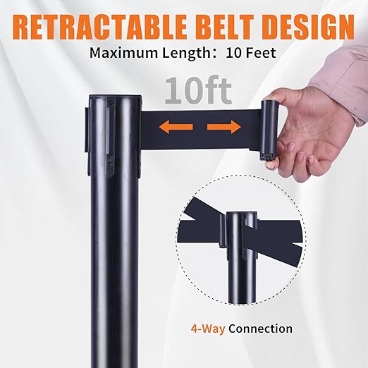 41" Black Crowd Control Stanchion Set, Stable Heavy-Duty Rubber Base with 10 Feet Retractable Belt Crowd Control Barriers, Retractable stanchions for Outdoor Safety (6 Pack)
