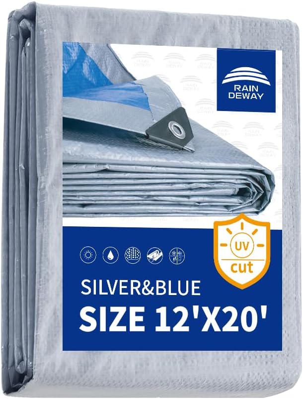 RAINDEWAY Tarps 12x20 Feet - 5.5 Mil, Multipurpose Waterproof Poly Tarp Cover with Metal Grommets and Reinforced Edges, Silver/Blue Tarp