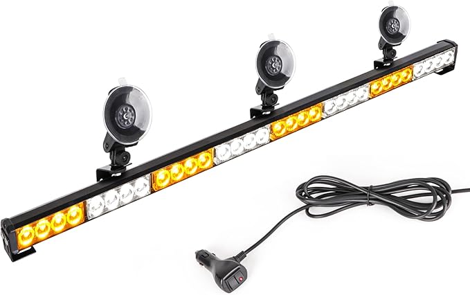 35.5 Inch Traffic Advisor Strobe Light Bar 32 LED Hazard Warning Emergency High Intensity Directional Flashing Safety Lightbar 13 Flashing Modes with Cigarette Lighter Suction Cup (Amber White)