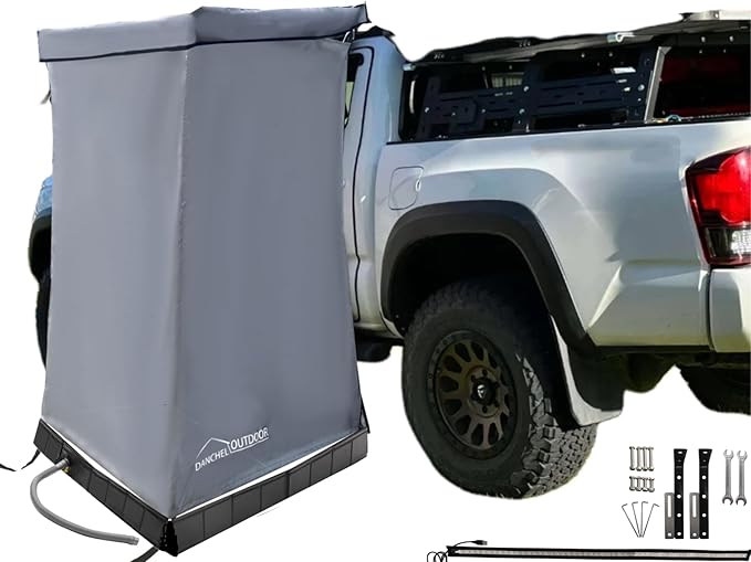 DANCHEL OUTDOOR Car Awning Shower Tent Room with Portable Shower Pan, Camping Privacy Shelter Enclosure Overland Portable Changing Room w/LED Light 3.3ft x 3.3ft Gray