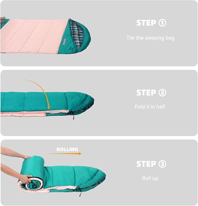 Cotton Flannel Lined Sleeping Bag for Adults Teens Kids, Cold Weather & Warm, 3 Seasons, Lightweight Compact Camping Essentials Equipment, Hiking, Outdoor, Travel