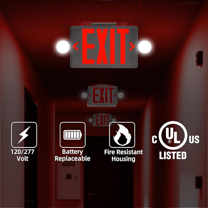 Exit Sign with Emergency Light,Red LED Exit Light,Exit Signs With Battery Backup, 2 Adjustable Emergency Lighting, Hardwired 120V/277VAC, UL-Listed, 6 Pack