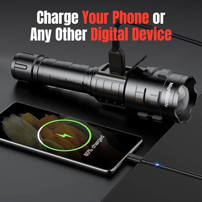 NightBuddy Powerful Rechargeable Tactical LED Flashlight 5000 High Lumens for Home Camping or Survival with Emergency Window Breaker 5 Light Modes IPX7 Waterproof Adjustable Focus USB Output