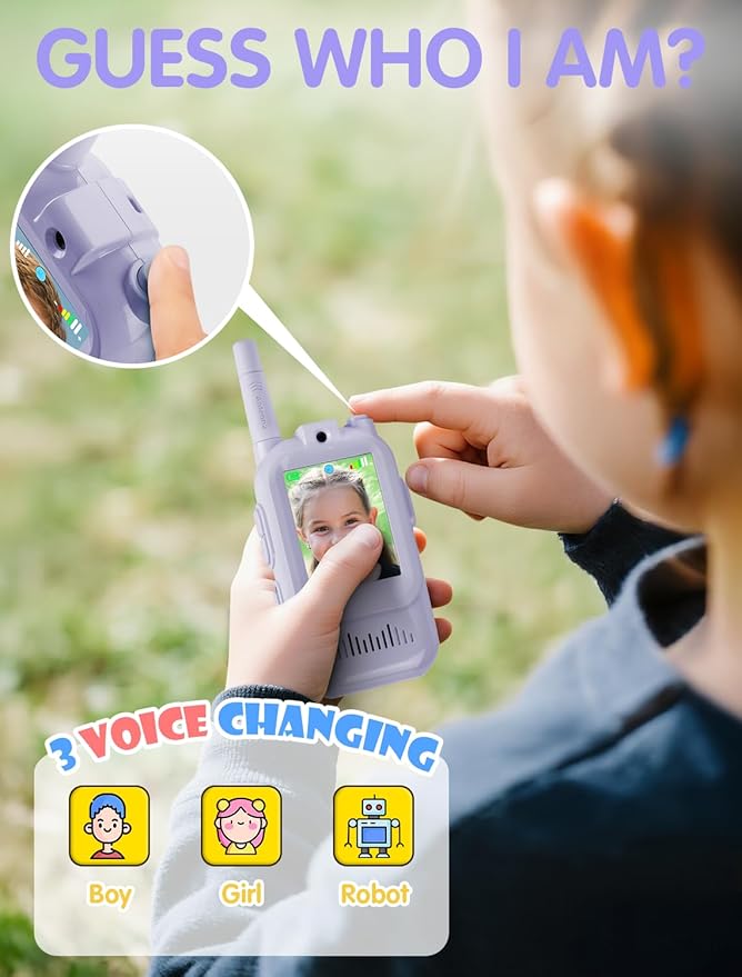 Walkie Talkie for Kids with Video: 2 Pack Rechargeable Toddler Toys with HD Camera & Voice Changer, Long Range Gift Toys for Boy & Girl Age 3-8 for Outdoor Play, Camping (Purple-Purple)