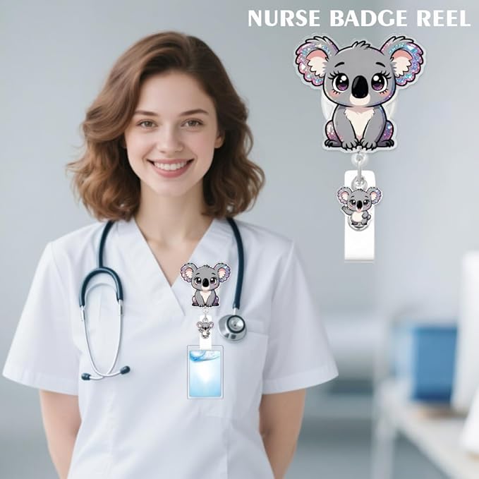 Cute Koala Badge Reel for ID Card, Funny Koala Retractable Nurse Alligator Clip Badge Reel for Women, ID Name Tag Badge Holder for Office School Hospital Nurses Doctors Teachers