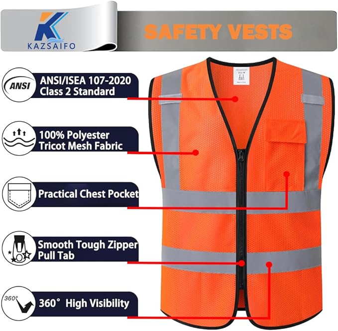 Hi Vis Reflective Safety Vest for Men Women Work,Mesh High Visibility Class 2 Construction Vest with Chest Pocket and Zipper Front,Meets ANSI/ISEA Standard (KZ179-Orange-S)