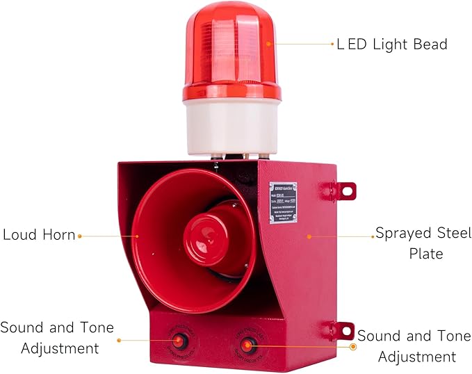 Industrial Siren Alarm 130dB Loud Horn 45watt Adjustable Volume and Tone Outdoor Emergency Strobe Security Alarm System with Plug for Factory, Warehouse, School, Office, Shipyard AC110V-120V