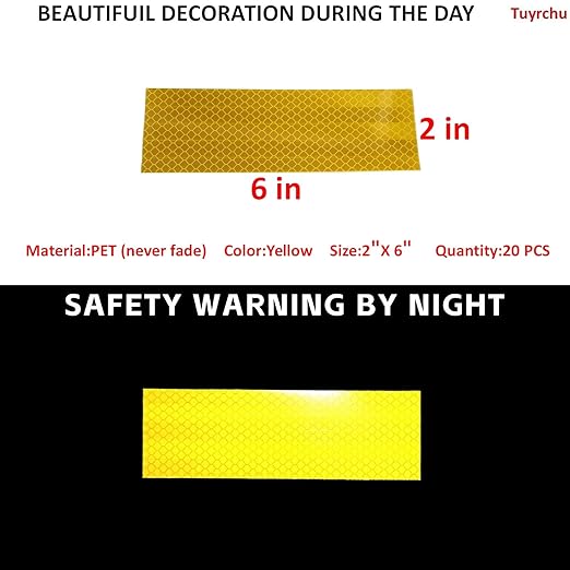 Non Fading Yellow Reflective Stickers 2 inch X 6 inch, Outdoor Waterproof High Visibility Warning Safety Adhesive Reflector Tape (20 Pcs)