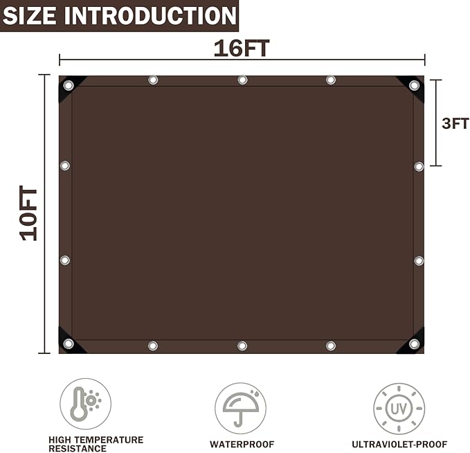 Tarps Heavy Duty Waterproof, 16 Mil Large Tarps with Grommets, UV Resistant and Tear&Fade Resistant, Brown Heavy Duty Tarps for Outdoors Patio Camping, 10 * 16FT