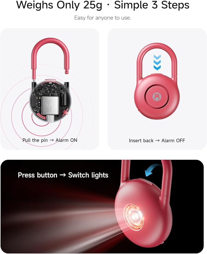 HOU Personal Safety Alarm for Women – Super Loud 130dB USB-C Rechargeable Alarm with 4 LED Light Modes & Long Battery Life – Self Defense Keychain for College Girls & Seniors, Magenta