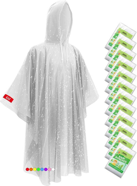 Hitituto Rain Ponchos Family Pack Kids– 6/12/24 Pack Disposable Poncho with Hood, Clear & Assorted Colors, Home Survival Kits