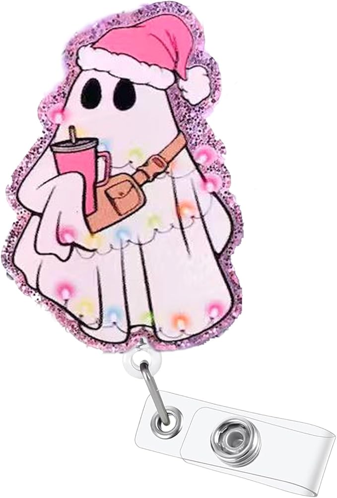 Christmas Nurse Ghost Badge Reel Retractable Funny Badge Clip with Acrylic Alligator Clip Christmas Badge Holder for RN CNA LPN Medical Worker Student Teacher Name Tag Accessories