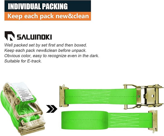 8Pack E-Track Straps Ratchet Etrack Strap Box Truck Strap Tie Down Heavy Duty 2" x15' 4400lbs Breaking Load, 2200 Working Load E-Track Accessories Green