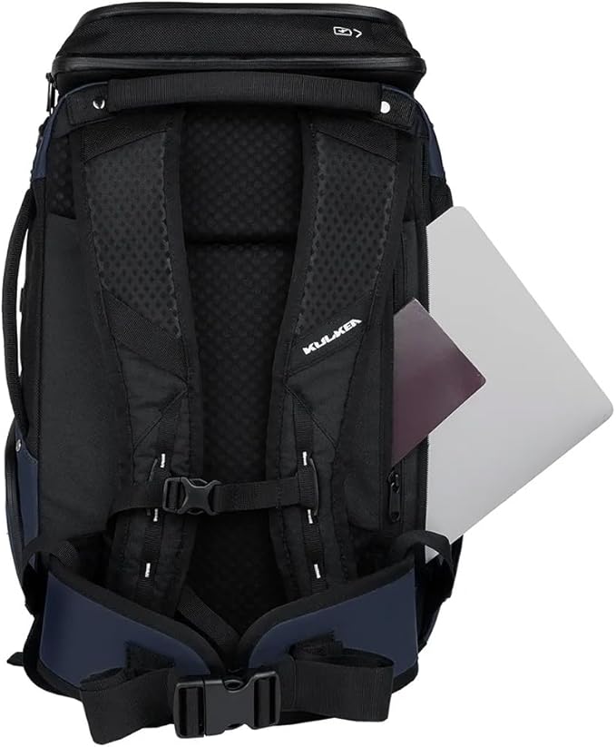 Käydä 36L Travel Backpack - Spacious Carry On Backpack with Detachable Travel Pouch, Magnetic Water Bottle Pocket, Passport and Laptop Pocket - Convertible Boot Bag for Snow Sports (Steel Blue)
