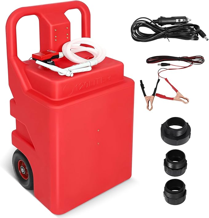 32 Gallon Portable Fuel Caddy Tank with 3.2GPM Automatic Transfer Pump ，12V / 4AA Battery Powered，6.5 ft Hose Diesel Transfer Tank for Gasoline Diesel Fuel & DEF/Urea Liquid