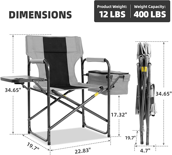 Director Camping Chair with Cooler Bag & Foldable Side Tray - 400lbs Heavy Duty Outdoor Folding Lawn Chair, Portable Camp Chair for Fishing/Backyard (Black & Gray)