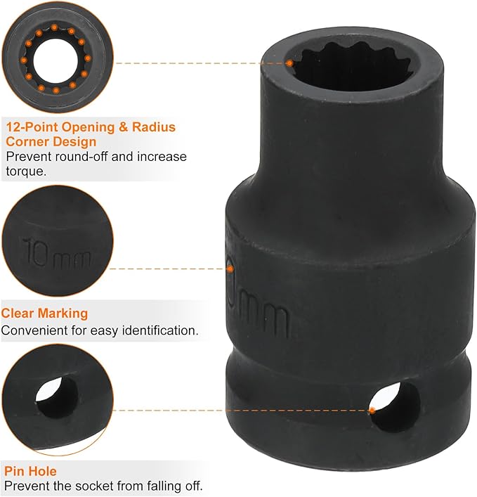 HARFINGTON 12-Point Impact Socket 1/2 Inch Drive 10mm Metric Cr-V Shallow Impact Socket Nut Driver Wrench for Auto Repair