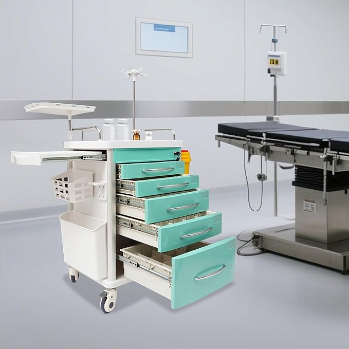 Rolling Crash Cart with Drawers & Adjustable IV Pole, Silent Casters, Needle Disposal Holder, Trash Bin, O2 Holder, Utility Trolley Cart for Clinic, Hospital, Salon, Lab, Load 176 Lbs (Green)