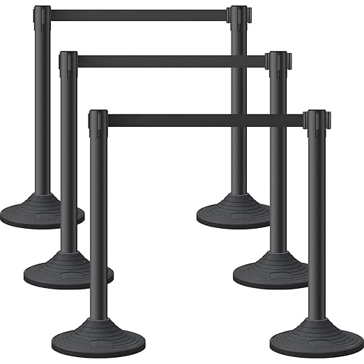 6 Pack Premium Crowd Control Stanchion Set, 40" H Delineator Post with 10' Feet Retractable Belt, Heavy-Duty Base, Safety Rope Barriers for Traffic Queue (Heavy Rubber Base, Black)