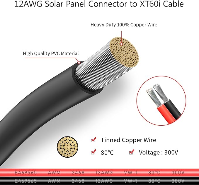 12AWG 50FT Solar to XT60i Cable 2 10 25 35 50 75 100FT Solar Connector to XT60i Adapter Cable for Portable Power Station (50FT)