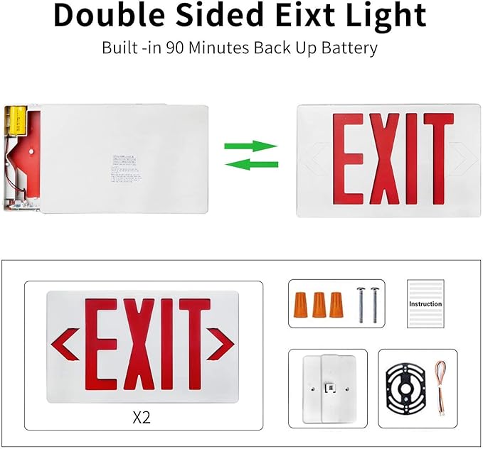 AKT LIGHTING Red LED Exit Sign Emergency Light with Battery Backup, Double Face Hardwired Red Letter Emergency Exit Lighting For Business, Restaurant, Commercial, Supermarket, UL-Listed, 120-277V, 6PCS