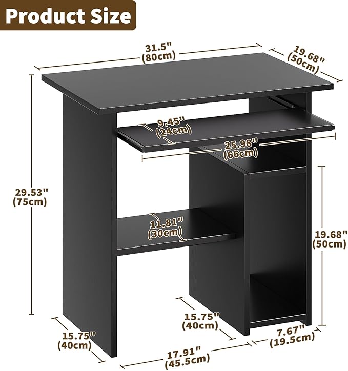 ALISENED Home Office Computer Desk with Monitor Stand Keyboard Tray, 31.5 Inch Study Writing Desk Small PC Laptop Table with Storage Shelves, Modern Workstation for Small Spaces Save Space, Black B