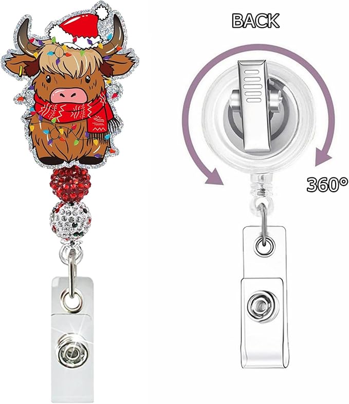 Cow Badge Reel Glitter Christmas Badge Holder Retractable ID Name Tag Christmas Cow Acrylic Badge Alligator Clip with Bead Cattle Badge Reels Animals Xmas Badge Clip for Doctor Nurse Office Staff