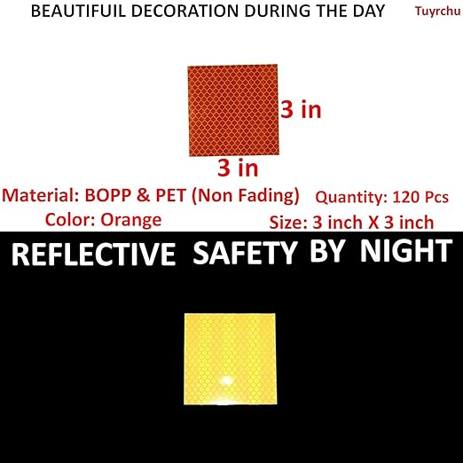 Orange Reflective Stickers 3 inch X 3 inch, Outdoor Waterproof High Visibility Warning Safety Adhesive Reflector Tape (120 Pcs)
