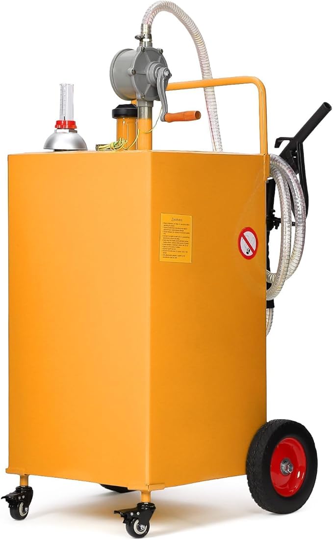 35 Gallon Fuel Caddy with Manual Pump, Heavy Duty Portable Gas & Diesel Transfer Tank on 4 Wheels, Spill-Proof Container for Truck, Tractor, Boat, ATV, Farm,Orange