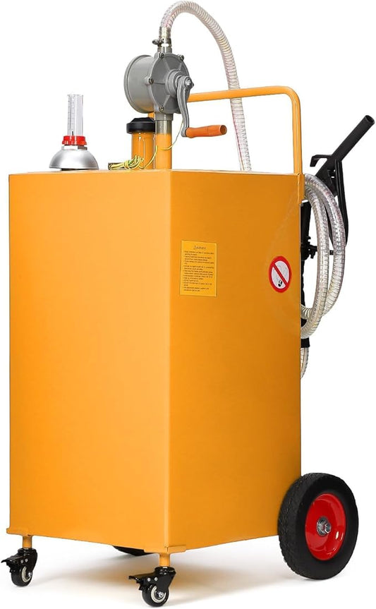 35 Gallon Fuel Caddy with Manual Pump, Heavy Duty Portable Gas & Diesel Transfer Tank on 4 Wheels, Spill-Proof Container for Truck, Tractor, Boat, ATV, Farm,Orange
